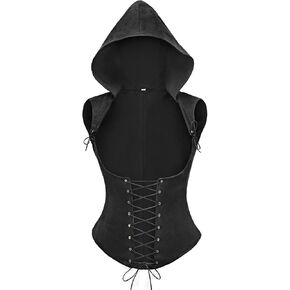 FURPHI Women’s Steampunk Underbust Corset Vest with Hood Faux Leather Sleeveless Medieval Gothic Costume