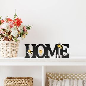 LOVE Wooden Spring Decoration Sign with Bee and Sunflower, Rustic Farmhouse Decor for table top, wall, tray, Shelf and Fireplace, Adorable wooden for Living Rome Summer Decoration