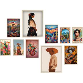 Eastern Print Mexican Artwork, Set of 10 Pcs Southwest Wall Art Cactus Posters, Folk Art Botanical Trippy Prints Wall Decor For Home Office Bedroom, Western Pictures Southwest Landscape Photo, Unframed