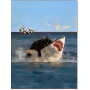 NLIEOPDA Funny Fat Cat Vs. Shark Poster Renaissance Canvas Wall Art Quirky Black Cat Animal Oil Painting Prints Fun Nautical Picture for Living Room Bedroom 12x16 inch Unframed