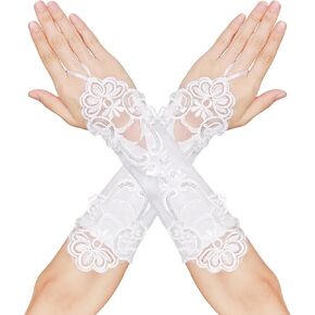 Fingerless Lace Gloves Women Elegant Long Satin Gloves Bridal Banquet Prom Formal Dress Opera 1920s Lace Soft Breathable Masquerade Wedding Gloves for Bride (White) in Kuwait