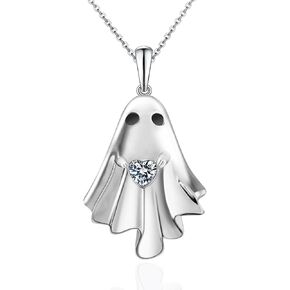 Halloween Ghost Necklace S925 Sterling Silver Spooky Ghost Pendant With Heart Cz for Women Halloween Jewelry Gift