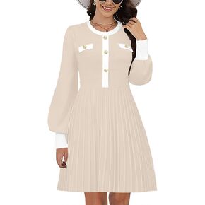 ETCYY Women's Fall Dresses Long Sleeve Sweater Dress 2025 Color Block Button Church Ribbed Knit Pleated A Line Mini Dress