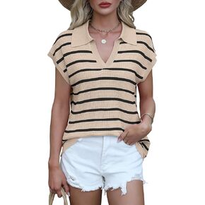 ANRABESS Womens Summer Cap Sleeve Sweater Vest Striped Polo V Neck Knit Tops Casual Trendy Loose Fit Sleeveless Sweaters
