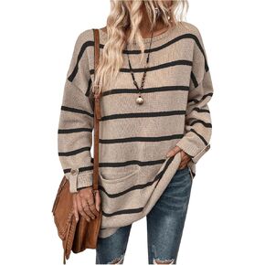 SweatyRocks Women's Striped Crewneck Sweater Long Sleeve Vintage Pullover Tops with Pocket