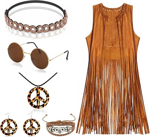 60s 70s Outfit for Women, Hippie Costume Clothes Set Hippie Accessories Peace Sign Earring Headband Fringe Vest for Party in Saudi Arabia