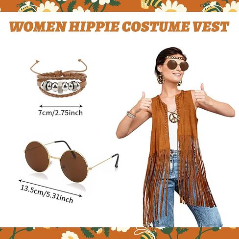 60s 70s Outfit for Women, Hippie Costume Clothes Set Hippie Accessories Peace Sign Earring Headband Fringe Vest for Party in Saudi Arabia