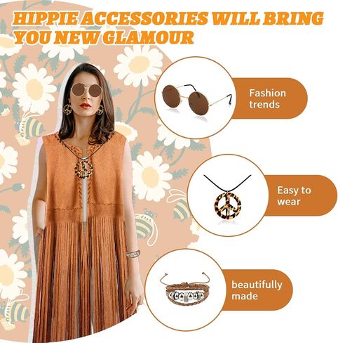 60s 70s Outfit for Women, Hippie Costume Clothes Set Hippie Accessories Peace Sign Earring Headband Fringe Vest for Party in Saudi Arabia