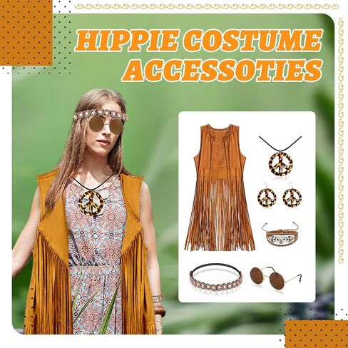 60s 70s Outfit for Women, Hippie Costume Clothes Set Hippie Accessories Peace Sign Earring Headband Fringe Vest for Party in Saudi Arabia