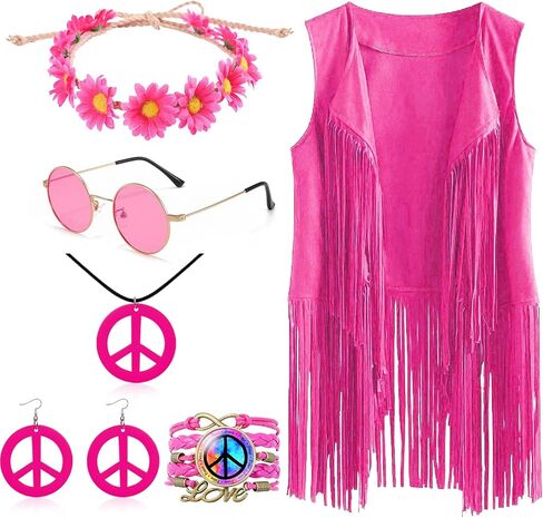 60s 70s Outfit for Women, Hippie Costume Clothes Set Hippie Accessories Peace Sign Earring Headband Fringe Vest for Party in Saudi Arabia