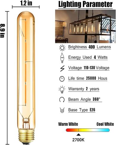 لمبة T10، لمبة LED أنبوبية طويلة قابلة للتعتيم، قاعدة متوسطة E26، 8 وات تساوي 75 وات، 2700 ك أبيض دافئ، 8.9 بوصة لمبات إديسون لايت، 6 عبوات. in Kuwait