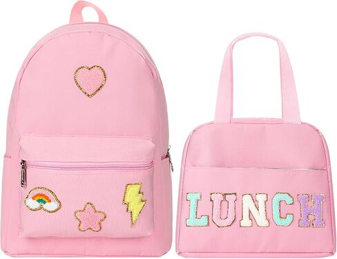 Pink School Backpack Set for Girls Preppy Book Backpack and Lunch Bag with Chenille Patches for Back to School Gift in Kuwait