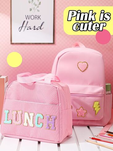 Pink School Backpack Set for Girls Preppy Book Backpack and Lunch Bag with Chenille Patches for Back to School Gift in Kuwait