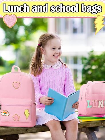 Pink School Backpack Set for Girls Preppy Book Backpack and Lunch Bag with Chenille Patches for Back to School Gift in Kuwait