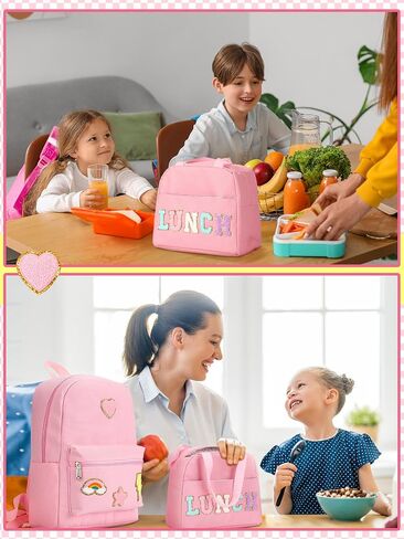 Pink School Backpack Set for Girls Preppy Book Backpack and Lunch Bag with Chenille Patches for Back to School Gift in Kuwait