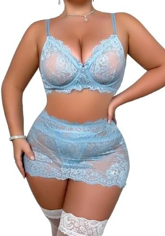 WDIRARA Women's Plus Size Floral Lace Mesh Underwire Lingerie Set with Fishnet Stockings in Saudi Arabia