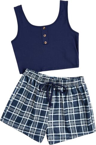 SOLY HUX Women's Pajama Sets 2 Piece Lounge Sets Button Tank Top and Plaid Shorts Sleepwear in Kuwait