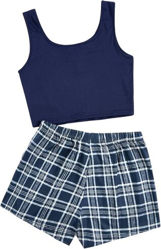 SOLY HUX Women's Pajama Sets 2 Piece Lounge Sets Button Tank Top and Plaid Shorts Sleepwear in Kuwait