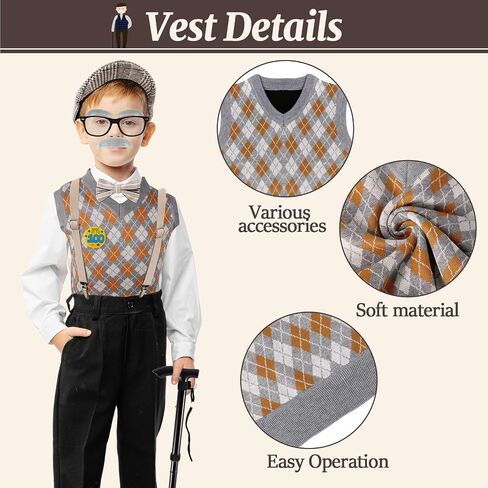 100 Days of School Costume for Kids Boys, Cool Old Man Costume for Kids Kit, 100 Days of School Grandpa Accessories Set(130) in Saudi Arabia