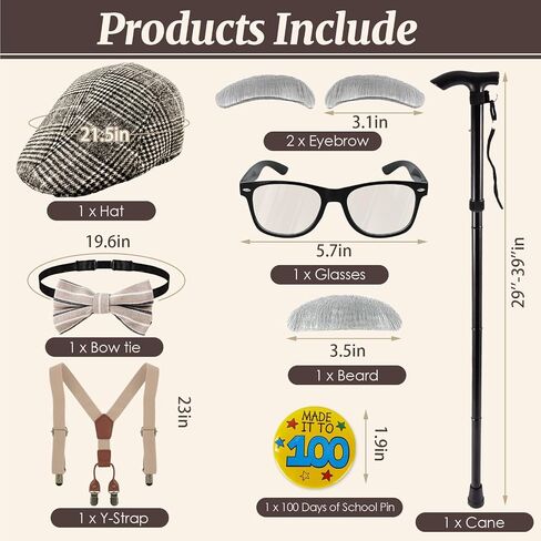 100 Days of School Costume for Kids Boys, Cool Old Man Costume for Kids Kit, 100 Days of School Grandpa Accessories Set(130) in Saudi Arabia