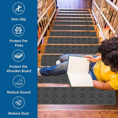Black Stair Treads for Wooden Steps,15 Pack 30" X 8" Non Slip Stairs Carpet Treads Indoor Stair Mats for Kids Elders and Pets in Saudi Arabia