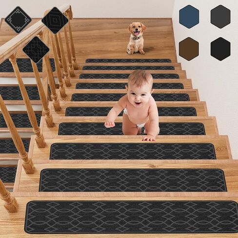 Black Stair Treads for Wooden Steps,15 Pack 30" X 8" Non Slip Stairs Carpet Treads Indoor Stair Mats for Kids Elders and Pets in Saudi Arabia