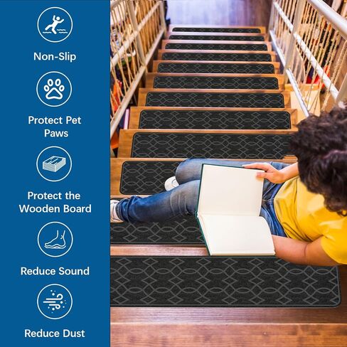 Black Stair Treads for Wooden Steps,15 Pack 30" X 8" Non Slip Stairs Carpet Treads Indoor Stair Mats for Kids Elders and Pets in Saudi Arabia