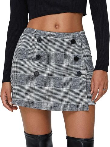 EXLURA Womens Button Bodycon Mini Skirt Sexy Night Club High Waist Elastic Y2K Fall Winter Plaid Skirts in Kuwait