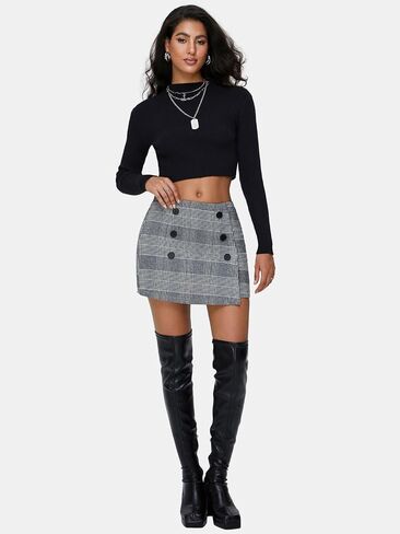 EXLURA Womens Button Bodycon Mini Skirt Sexy Night Club High Waist Elastic Y2K Fall Winter Plaid Skirts in Kuwait