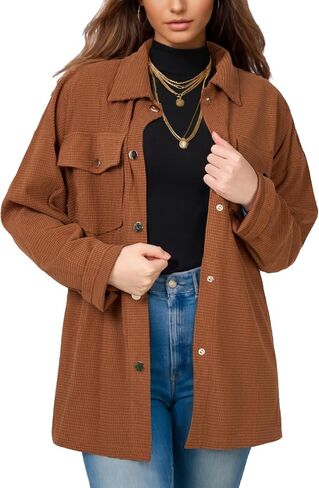 Women's Button Down Waffle Knit Shirts Oversized Long Shacket Jacket Long Sleeve Shirts for Women Casual Blouse Tops in Saudi Arabia