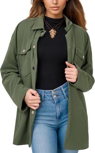 Women's Button Down Waffle Knit Shirts Oversized Long Shacket Jacket Long Sleeve Shirts for Women Casual Blouse Tops in Saudi Arabia