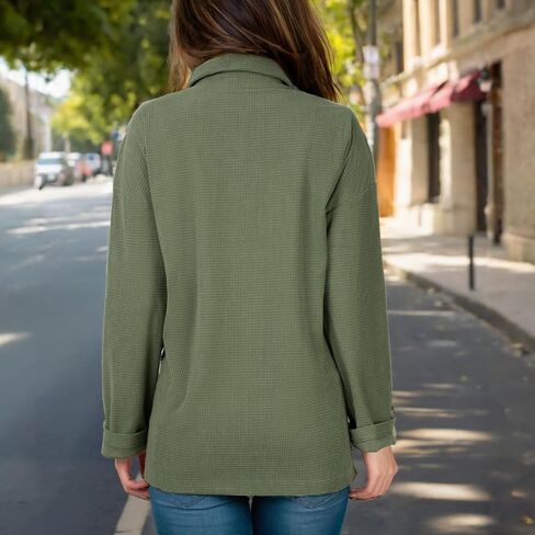 Women's Button Down Waffle Knit Shirts Oversized Long Shacket Jacket Long Sleeve Shirts for Women Casual Blouse Tops in Saudi Arabia