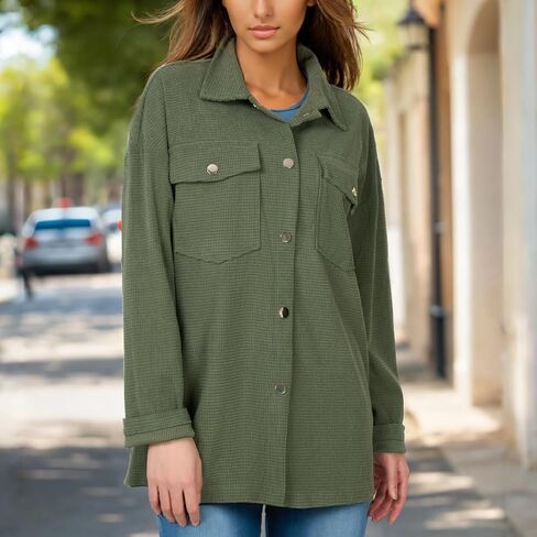 Women's Button Down Waffle Knit Shirts Oversized Long Shacket Jacket Long Sleeve Shirts for Women Casual Blouse Tops in Saudi Arabia