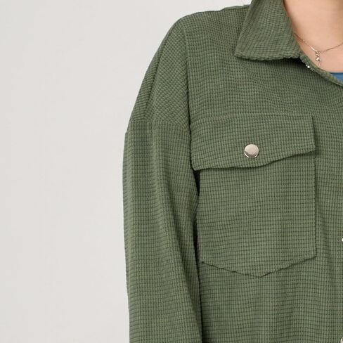 Women's Button Down Waffle Knit Shirts Oversized Long Shacket Jacket Long Sleeve Shirts for Women Casual Blouse Tops in Saudi Arabia