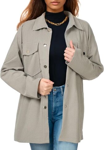 Women's Button Down Waffle Knit Shirts Oversized Long Shacket Jacket Long Sleeve Shirts for Women Casual Blouse Tops in Saudi Arabia