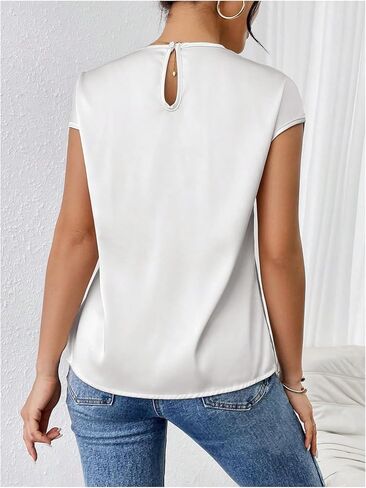 OYOANGLE Women's Ruched Cap Sleeve Round Neck Satin Blouse Elegant Solid Work Office Blouses in Saudi Arabia