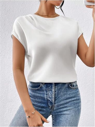 OYOANGLE Women's Ruched Cap Sleeve Round Neck Satin Blouse Elegant Solid Work Office Blouses in Saudi Arabia