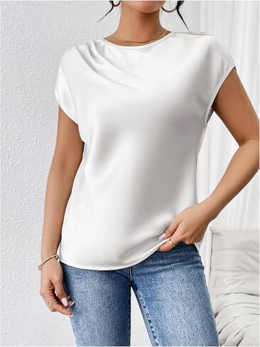 OYOANGLE Women's Ruched Cap Sleeve Round Neck Satin Blouse Elegant Solid Work Office Blouses in Saudi Arabia
