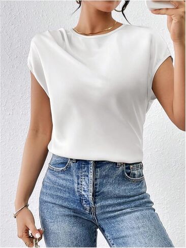 OYOANGLE Women's Ruched Cap Sleeve Round Neck Satin Blouse Elegant Solid Work Office Blouses in Saudi Arabia
