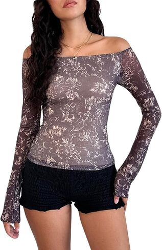 Women Y2k Off Shoulder Tops Double Lined Floral Print Going Out Streetwear Mesh Cropped Long Sleeve Blouse in Kuwait