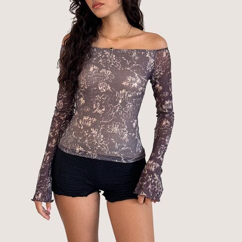 Women Y2k Off Shoulder Tops Double Lined Floral Print Going Out Streetwear Mesh Cropped Long Sleeve Blouse in Kuwait