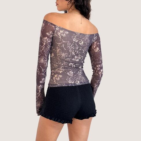 Women Y2k Off Shoulder Tops Double Lined Floral Print Going Out Streetwear Mesh Cropped Long Sleeve Blouse in Kuwait