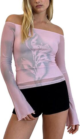 Women Y2k Off Shoulder Tops Double Lined Floral Print Going Out Streetwear Mesh Cropped Long Sleeve Blouse in Kuwait
