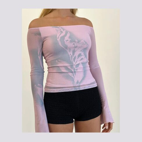 Women Y2k Off Shoulder Tops Double Lined Floral Print Going Out Streetwear Mesh Cropped Long Sleeve Blouse in Kuwait