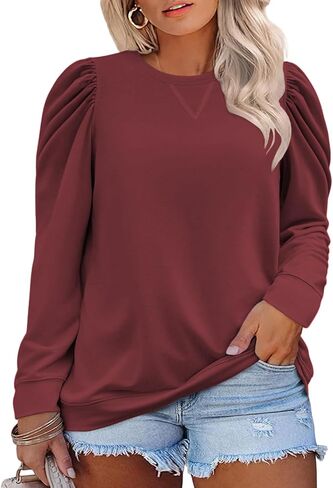 DOLNINE Womens-Plus-Size-Tops Casual Puff Sleeve Dressy Solid Color Sweatshirt Classic Crewneck Loose Fit Tunic Shirts XL-5XL in Saudi Arabia