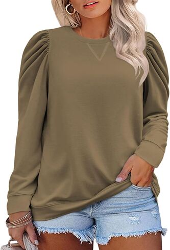 DOLNINE Womens-Plus-Size-Tops Casual Puff Sleeve Dressy Solid Color Sweatshirt Classic Crewneck Loose Fit Tunic Shirts XL-5XL in Saudi Arabia