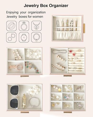 EZDeco Jewelry Box for Women Girls PU Leather 4-Layer Jewelry Holder Organizer and 1 Side Necklace Drawers,for Earring,Ring,Necklace,Bracelets,Valentine's Day Christmas gift - Pink in Saudi Arabia