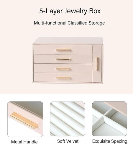 EZDeco Jewelry Box for Women Girls PU Leather 4-Layer Jewelry Holder Organizer and 1 Side Necklace Drawers,for Earring,Ring,Necklace,Bracelets,Valentine's Day Christmas gift - Pink in Saudi Arabia