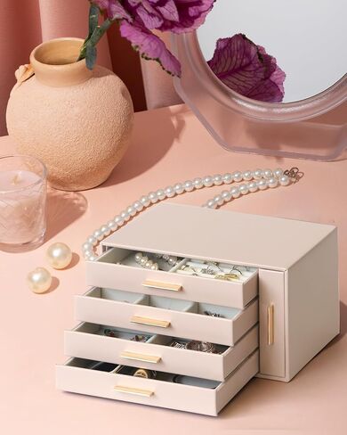 EZDeco Jewelry Box for Women Girls PU Leather 4-Layer Jewelry Holder Organizer and 1 Side Necklace Drawers,for Earring,Ring,Necklace,Bracelets,Valentine's Day Christmas gift - Pink in Saudi Arabia
