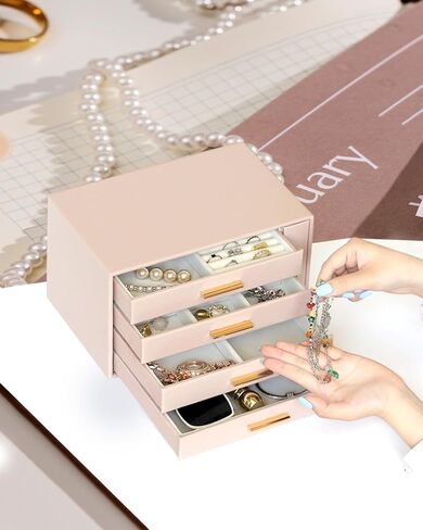 EZDeco Jewelry Box for Women Girls PU Leather 4-Layer Jewelry Holder Organizer and 1 Side Necklace Drawers,for Earring,Ring,Necklace,Bracelets,Valentine's Day Christmas gift - Pink in Saudi Arabia